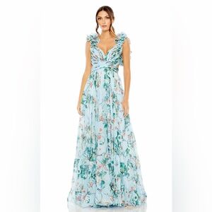 Mac Duggal Blue Chiffon V-Neck Sleeveless Cut-Out Lace Up Back Gown